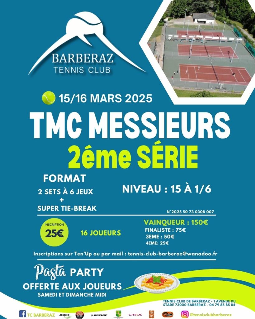 🏆🎾 PREMIER TOURNOI DE LA SAISON ! 🎾🏆  

Le TC Barberaz lance son premier TMC de la saison ! 🔥  
📅 15 & 16 mars 2025  
🎯 TMC Messieurs 2ème Série (classés 15 à 1/6)  
📍 Tennis Club de Barberaz  

📌 Format : 2 sets à 6 jeux + super tie-break  
📌 16 joueurs max  
💰 Dotation :  
🥇 150€ 🥈 75€ 🥉 50€  4️⃣ème 25€  

🎉 Ambiance garantie avec repas offerts pour les 16 joueurs du tournoi samedi & dimanche midi !  

📩 Inscriptions via Ten’Up ou par mail : tennis-club-barberaz@wanadoo.fr  
📞 Infos : 04 79 85 85 84  

🔥 Le public est le bienvenu ! Venez nombreux encourager les joueurs ! 🎾👏  

Tag tes partenaires et viens te mesurer aux meilleurs ! 